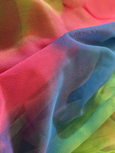 Load image into Gallery viewer, Close up of tie dye fine mesh fabric, with hues of blue, pink, green, and yellow.