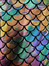 Load image into Gallery viewer, Close up view of metallic mermaid scale pattern fabric with many colors, including teal, slate blue, gold, purple, and bronze.