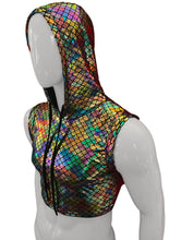 Load image into Gallery viewer, Side view of mannequin wearing a metallic mermaid scale pattern hooded crop top with many colors, including teal, slate blue, gold, purple, and bronze.