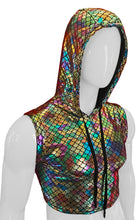 Load image into Gallery viewer, Front off angle view of mannequin wearing a metallic mermaid scale pattern hooded crop top with many colors, including teal, slate blue, gold, purple, and bronze.