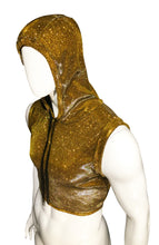 Load image into Gallery viewer, A gold glitter crop top with a hood, displayed on a mannequin.