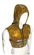 Load image into Gallery viewer, Off angle view of gold glitter crop top with a hood, displayed on a mannequin.