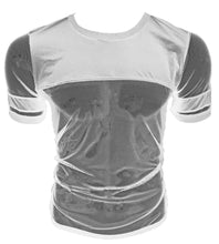 Load image into Gallery viewer, A white t-shirt with a piece of cotton that spans from the collar to the armpit. The rest of the t-shirt is made with a fine mesh fabric.