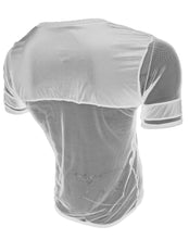 Load image into Gallery viewer, Rear view of a white t-shirt with a piece of cotton that spans from the collar to the armpit. The rest of the t-shirt is made with a fine mesh fabric.