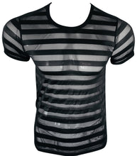 Load image into Gallery viewer, Black short sleeve t-shirt made with alternating horizontal stripes of solid fabric and mesh fabric