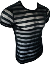 Load image into Gallery viewer, Black short sleeve t-shirt made with alternating horizontal stripes of solid fabric and mesh fabric. Off angle view