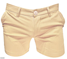 Load image into Gallery viewer, A pair of tan colored chino shorts with button closure, side pockets, and belt loops