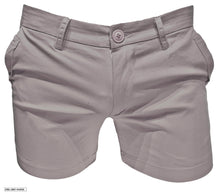 Load image into Gallery viewer, A pair of steel grey chino shorts with button closure, side pockets, and belt loops