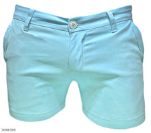 Load image into Gallery viewer, A pair of light blue chino shorts with button closure, belt loops, and side pockets