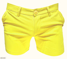 Load image into Gallery viewer, Bright yellow chino shorts with side pockets and belt loops.