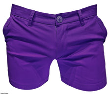 Load image into Gallery viewer, Purple chino shorts with button, side pockets, and belt loops.