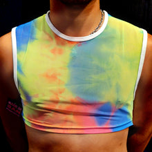 Load image into Gallery viewer, Model wearing a tie dye fine mesh tank top, with pink, yellow, green, and blue hues and a white trim.