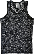 Load image into Gallery viewer, Black see-through mesh men's tank top with a lace pattern, laid flat