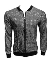 Load image into Gallery viewer, Black zip up jacket adorned with silver sequins