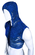 Load image into Gallery viewer, Off angle view of mannequin wearing a blue glitter crop tank top with a hood and black hood drawstring