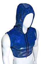 Load image into Gallery viewer, Mannequin wearing a blue glitter crop tank top with a hood and black hood drawstring