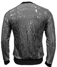 Load image into Gallery viewer, Rear view of black jacket with silver sequins