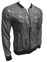 Load image into Gallery viewer, Off angle view of black zip up jacket with silver sequins