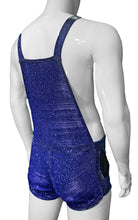 Load image into Gallery viewer, Rear view of mannequin wearing blue glitter overalls with button straps and side pockets