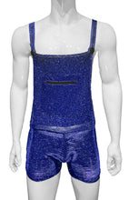 Load image into Gallery viewer, Mannequin wearing blue glitter overalls with button straps and zipper kangaroo pocket