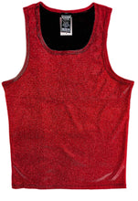 Load image into Gallery viewer, A red sleeveless tank top with a glittery texture, laid flat
