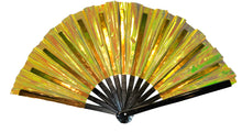 Load image into Gallery viewer, A foldable party fan with iridescent gold tinted vinyl, featuring a black painted bamboo spine.