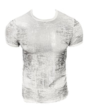 Load image into Gallery viewer, White t-shirt with silver metallic flecks embellishing the fabric
