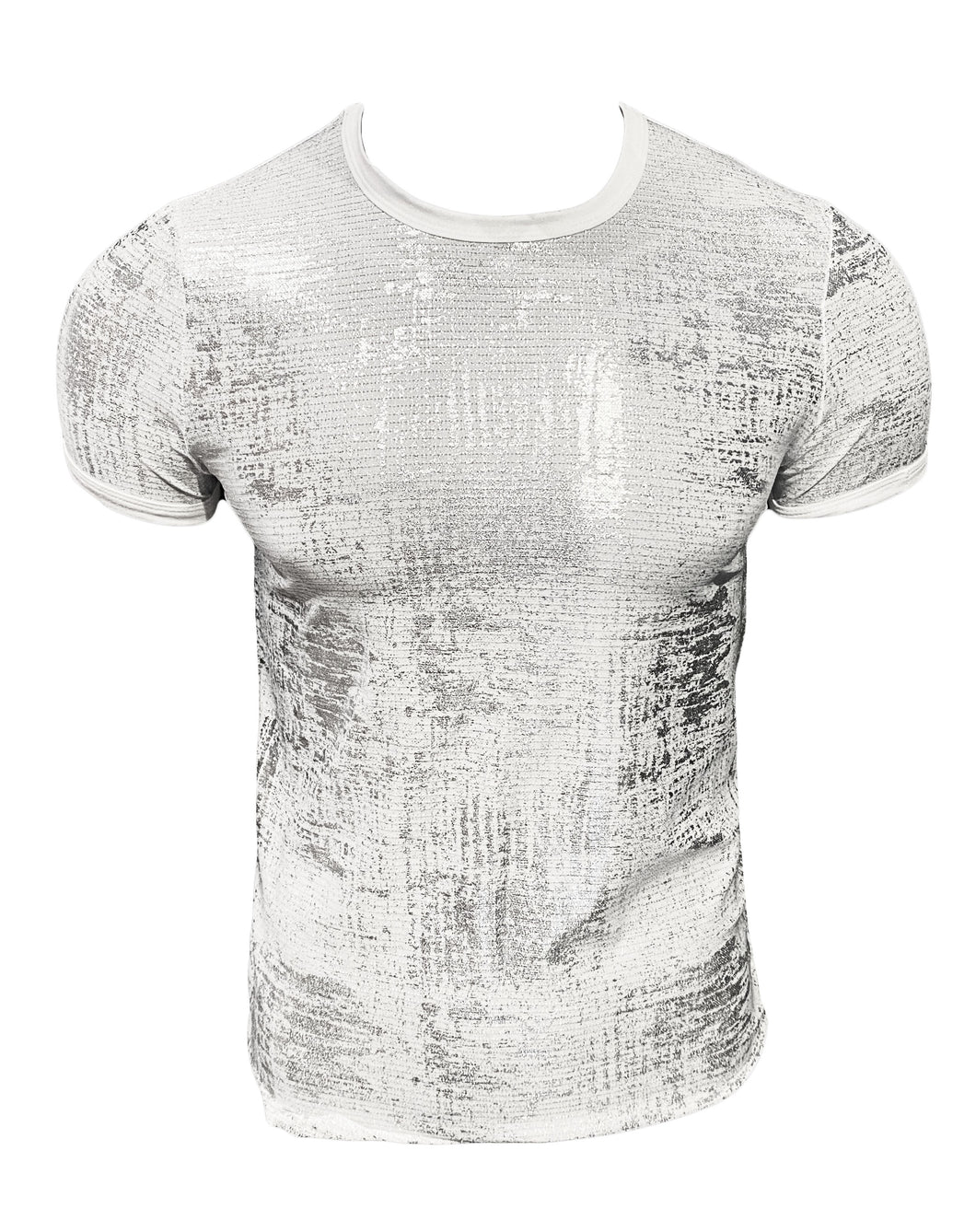 White t-shirt with silver metallic flecks embellishing the fabric