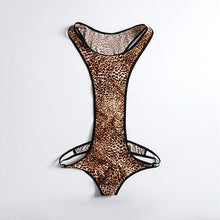 Load image into Gallery viewer, A leopard print bodysuit with black trim, displayed flat against a white background

