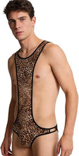 Load image into Gallery viewer, A man wearing a leopard print one-piece bodysuit with black trim, photographed against a plain white background.
