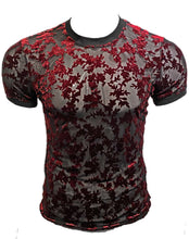 Load image into Gallery viewer, A short-sleeve crewneck t-shirt featuring a dark gray and deep red floral jacquard pattern, displayed on a headless mannequin torso against a plain white background.
