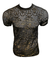 Load image into Gallery viewer, A short-sleeve crewneck t-shirt with a black and gold damask pattern, displayed on a headless mannequin torso against a white background.
