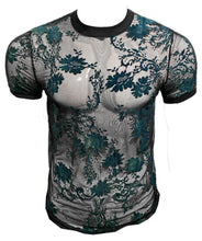 Load image into Gallery viewer, A short-sleeve mesh athletic t-shirt with a black crew neck and cuffs, featuring a dark teal floral lace overlay 
