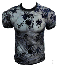 Load image into Gallery viewer, Mesh t-shirt with a blue hue and navy floral patterns

