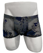 Load image into Gallery viewer, Men's sheer mesh boxer briefs with a dark blue floral lace overlay, displayed on a white mannequin torso against a white background.
