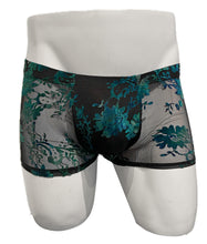 Load image into Gallery viewer, Black men's boxer briefs with teal floral lace overlay, displayed on a white mannequin torso against a white background.
