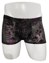 Load image into Gallery viewer, Black sheer lace boxer briefs with a purple damask pattern, displayed on a white mannequin torso.
