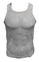 Load image into Gallery viewer, A white fishnet tank top with a scoop neck and wide armholes, adorned with sewn-in clear sequins. 
