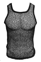Load image into Gallery viewer, A black fishnet tank top with a scoop neck and wide armholes, adorned with sewn-in black sequins. 
