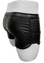 Load image into Gallery viewer, Mannequin wearing black matte metallic trunks - side / back
