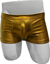 Load image into Gallery viewer, Mannequin wearing gold metallic trunks - front
