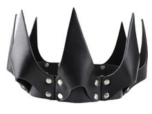 Load image into Gallery viewer, Black spiked crown with metallic studs on a white background
