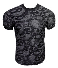 Load image into Gallery viewer, A black short-sleeve crewneck t-shirt with a detailed silver-gray paisley and floral pattern, displayed on a white background.
