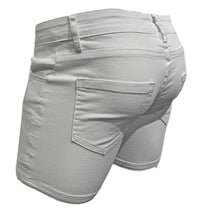 Load image into Gallery viewer, Rear view of white denim shorts on a ghost mannequin
