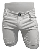 Load image into Gallery viewer, White men's slim-fit denim shorts with a button closure and belt loops, displayed on a white mannequin torso against a white background.
