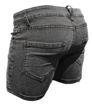 Load image into Gallery viewer, Faded Black denim shorts - side/rear view.
