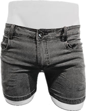 Load image into Gallery viewer, Faded Black denim shorts on a white mannequin
