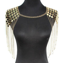 Load image into Gallery viewer, Gold chain and checkered fringe shoulder piece on a mannequin
