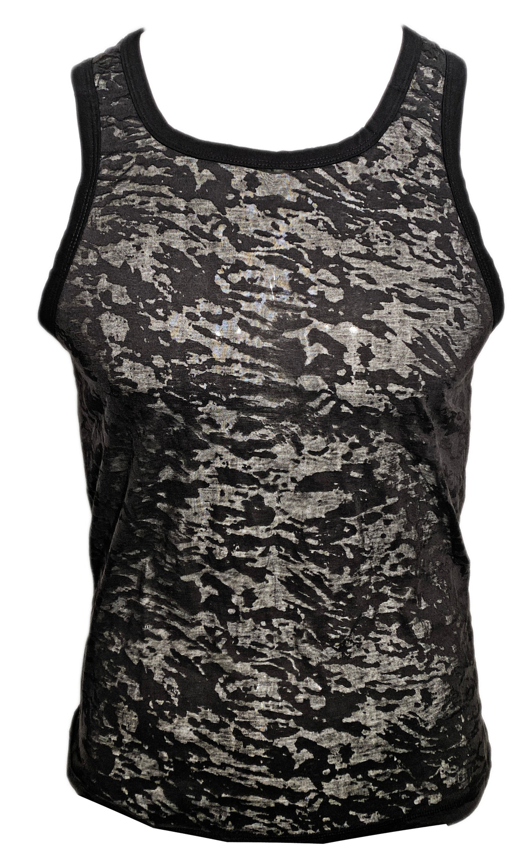 This image features a black burnout tank top, characterized by its soft stretch fabric and semi-transparent mesh design. The tank top displays a distinctive burnout pattern, enhancing its style and visual appeal.