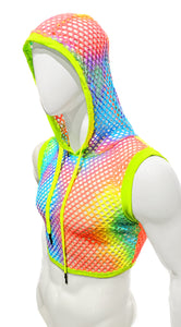 Hooded Crop Top Tank - Rainbow Tie Dye Fishnet